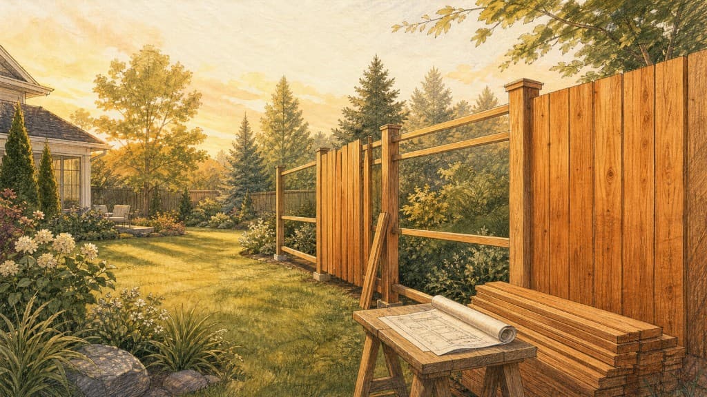 Backyard fence under construction with a site plan on a workbench